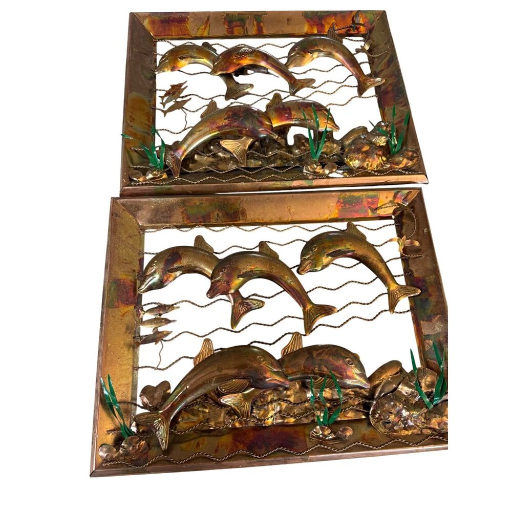 2 Vtg Copper Brass Seascape Wall Art Dolphins Fish MCM Brutalist Nautical Decor